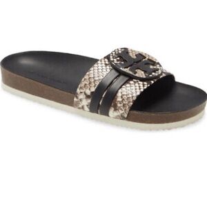 Tory Burch Leigh anatomical Black and Cream snakeskin Slide Sandals